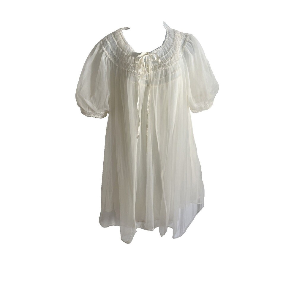 Vintage 2 Piece VAL MODE Ivory Nylon Chiffon PEIGNOIR Robe & Nightgown - Medium